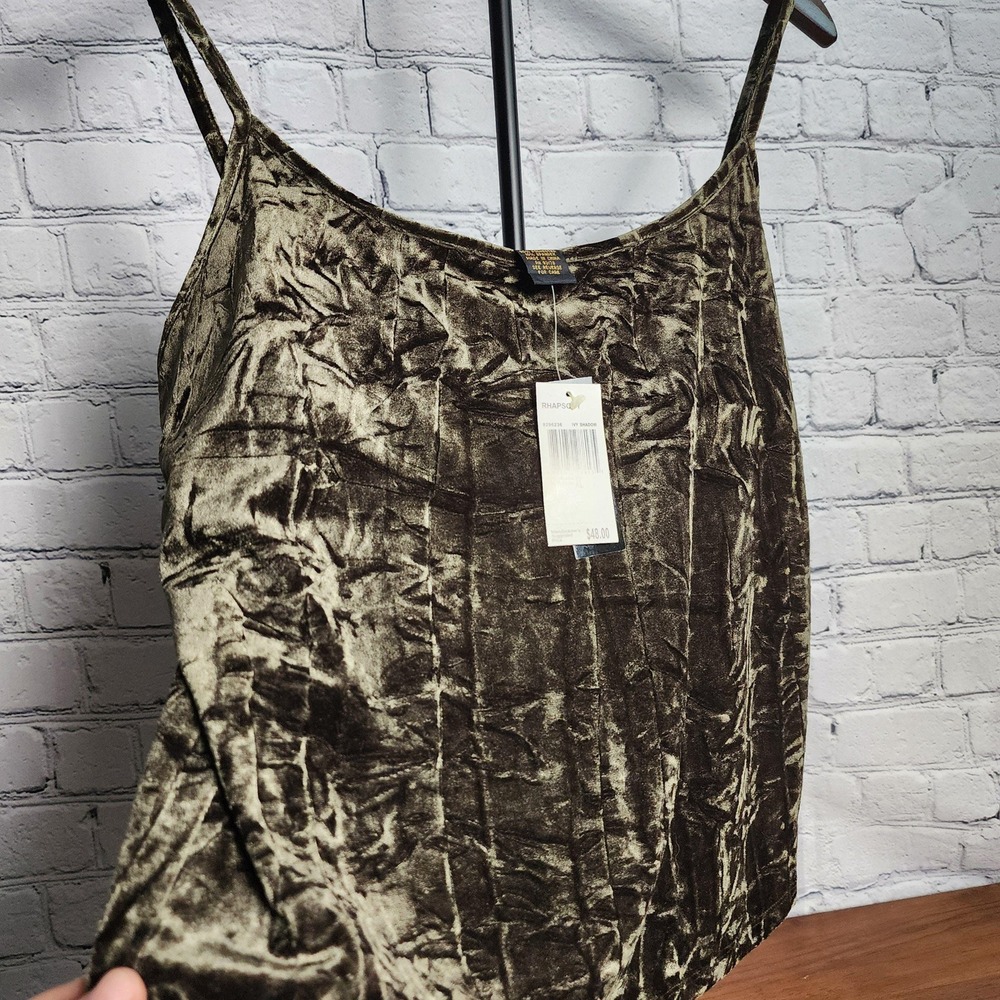 Grace Elements Velvet Tank Top XL Army Green Y2K Spaghetti Strap Built In Bra